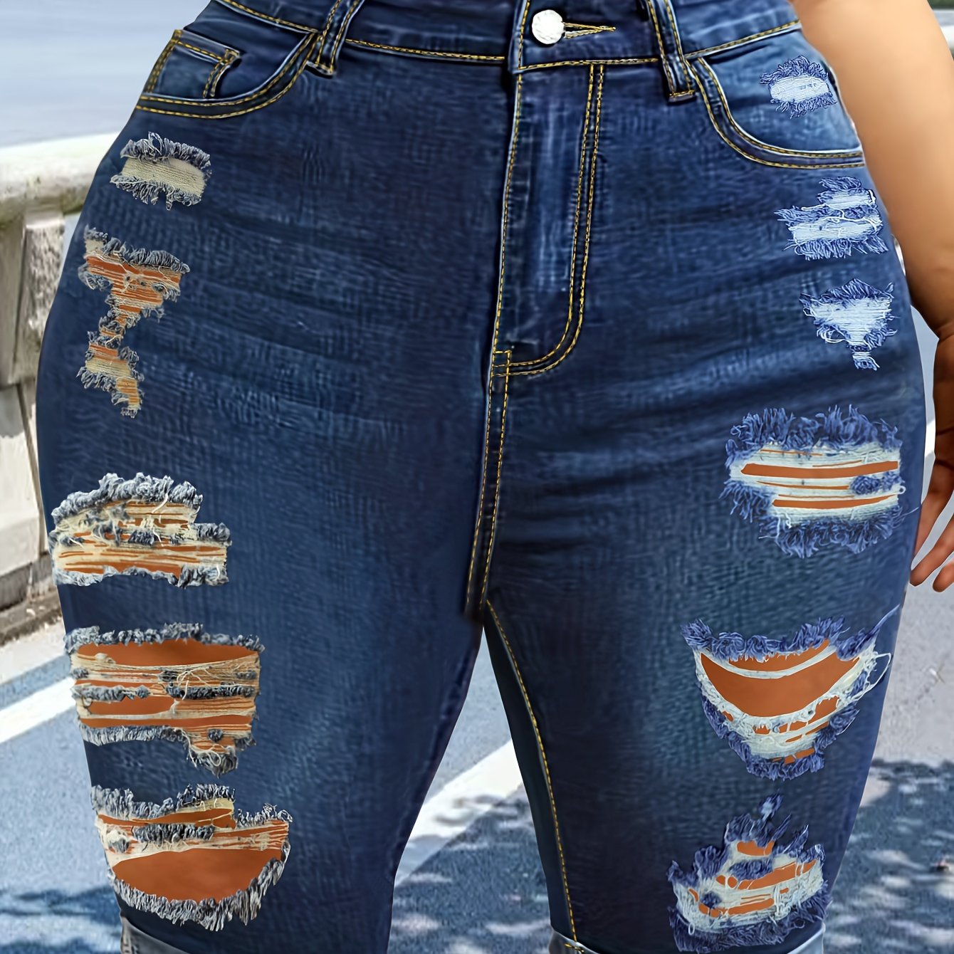 Shorts de mezclilla de talla grande para mujer de tiro alto con elastano, desgastados y a la rodilla, casual