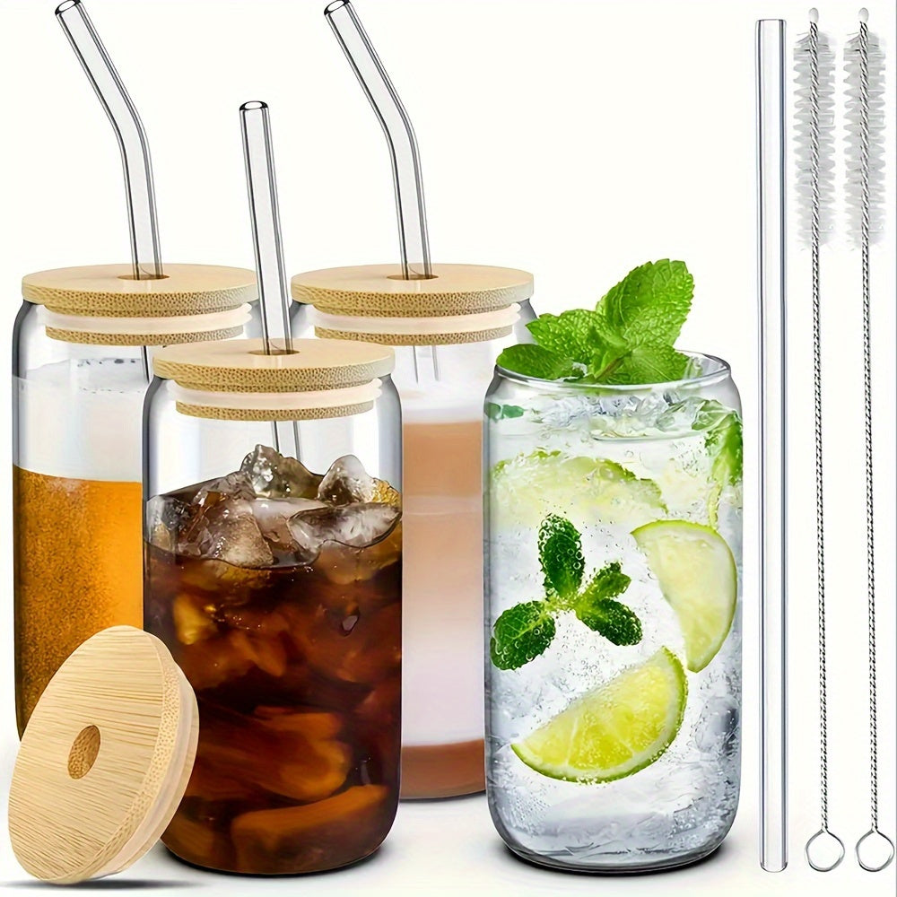 Juego de 4 vasos de agua de vidrio con tapas y pajillas de bambú para bebidas calientes y frías