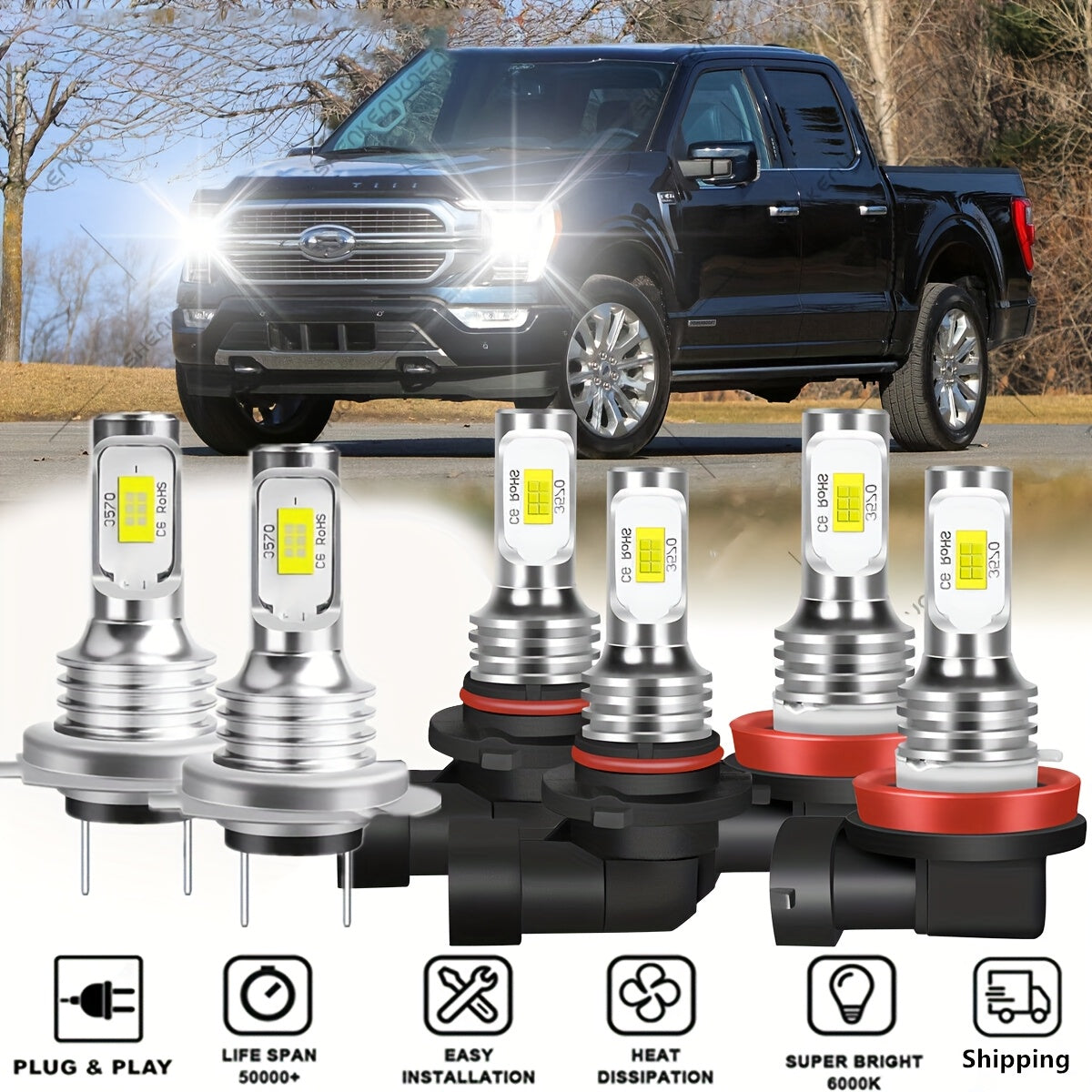 LED Car Fog Light Bulbs 2 Pack 6000K White H7 H4 H11 H8 9145 12V