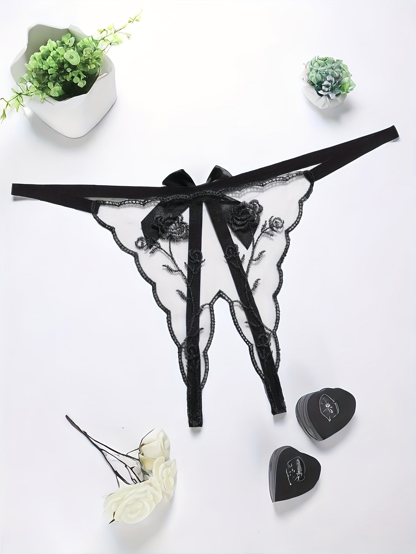 Women's Transparent Thong with Embroidered Red Rose Flowers and Low Waist Trousers