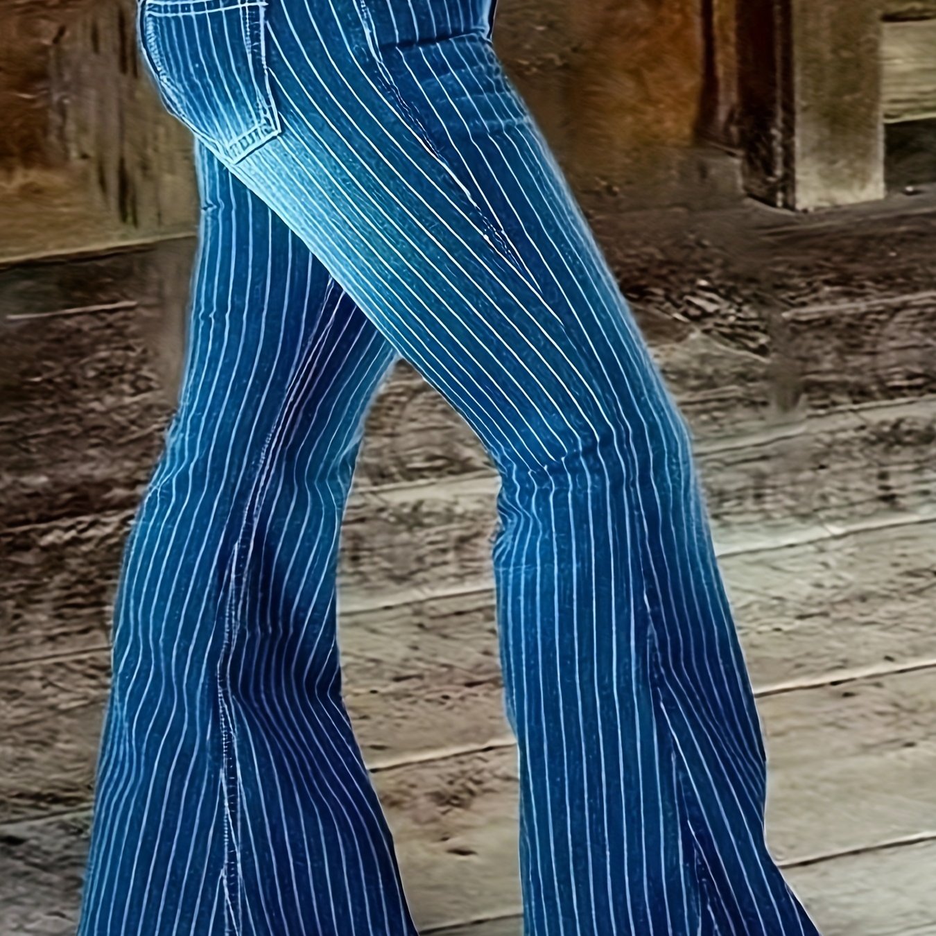 Women's Plus Size High-Waisted Flared Pants Blue White Striped Wide-Leg Trousers