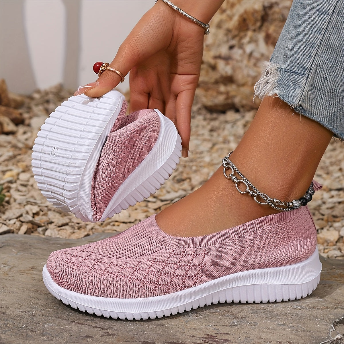 Ayollar uchun nafas oladigan slip-on sport poyabzali, kundalik yurish uchun mato ustki qismi, PU taglik