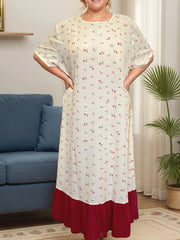Plus Size Floral Ruffle Hem Night Dress Polyester Sleepwear with Short Sleeves