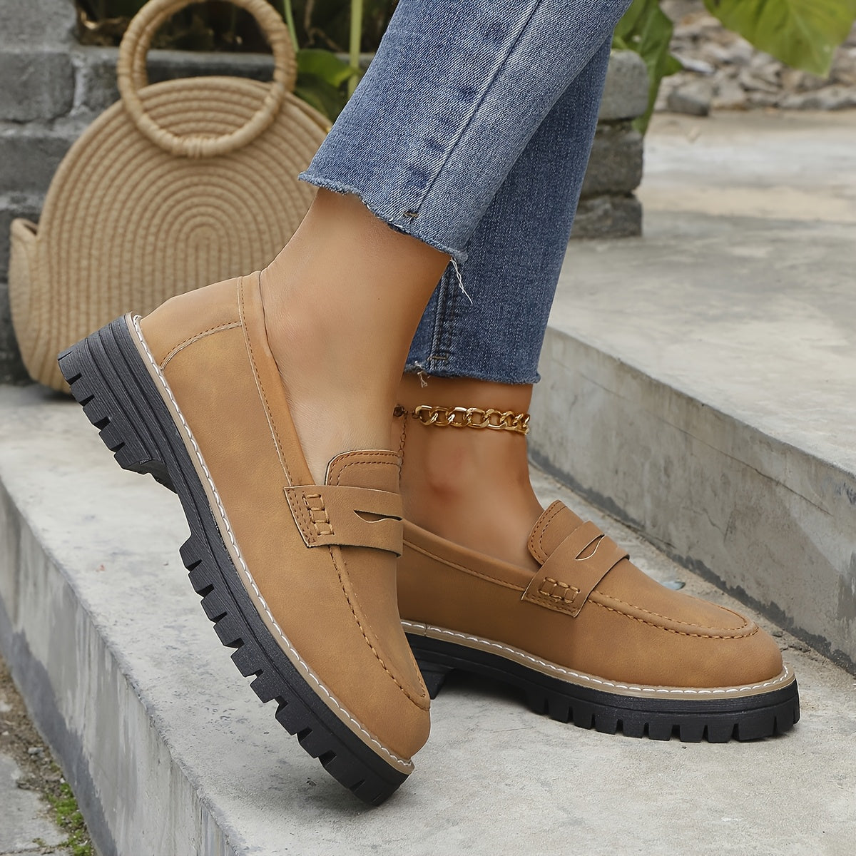 Women Vintage Penny Loafers Faux Leather Casual Slip-On Round Toe Durable EVA Sole