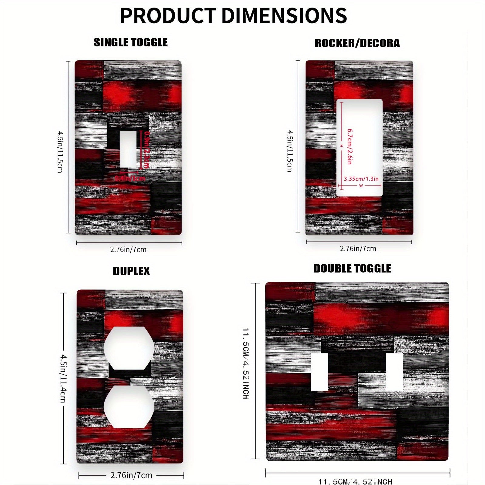 Placa decorativa para interruptor de pared en rojo, negro y gris, sin cableado, resistente y fácil de montar para hogar u oficina