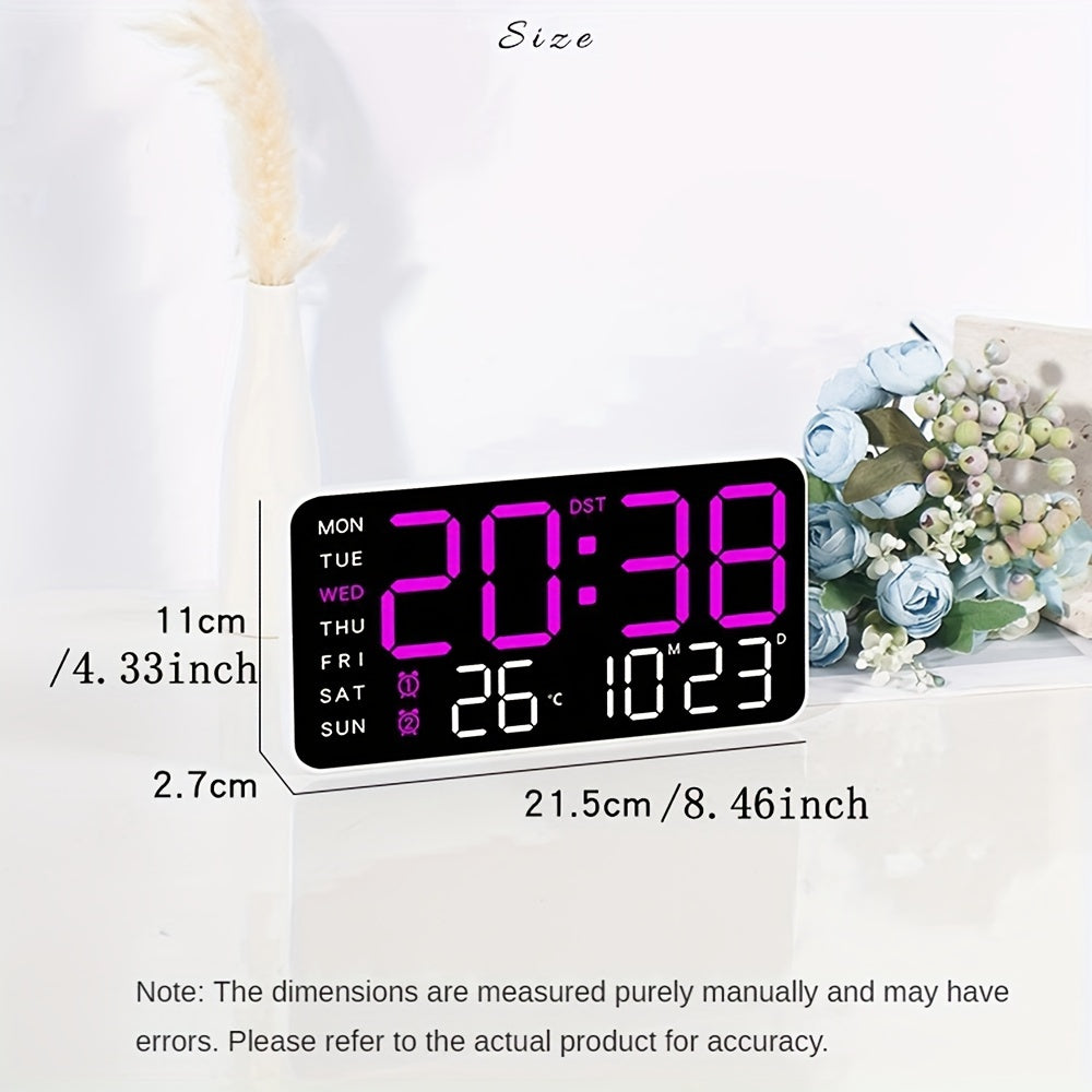 Large Digital Wall Clock with Calendar Temperature Voice Activation Adjustable Brightness and Chime in White Plastic