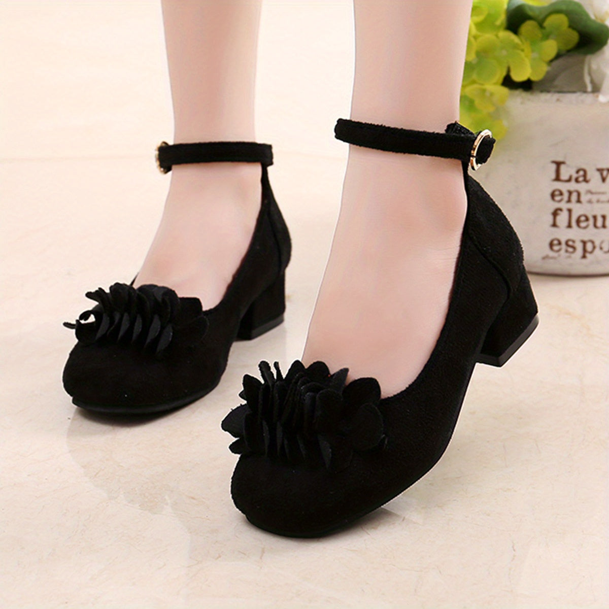 Girls Princess Heels with Flowers Tassel Block Heel PU Upper Rubber Sole for Spring Fall Age 14 and Under