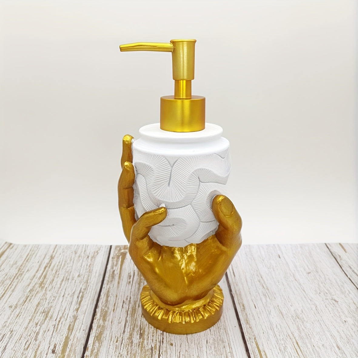 Dispensador de jabón de resina con huella dactilar en color dorado, diseño texturizado para baño y cocina
