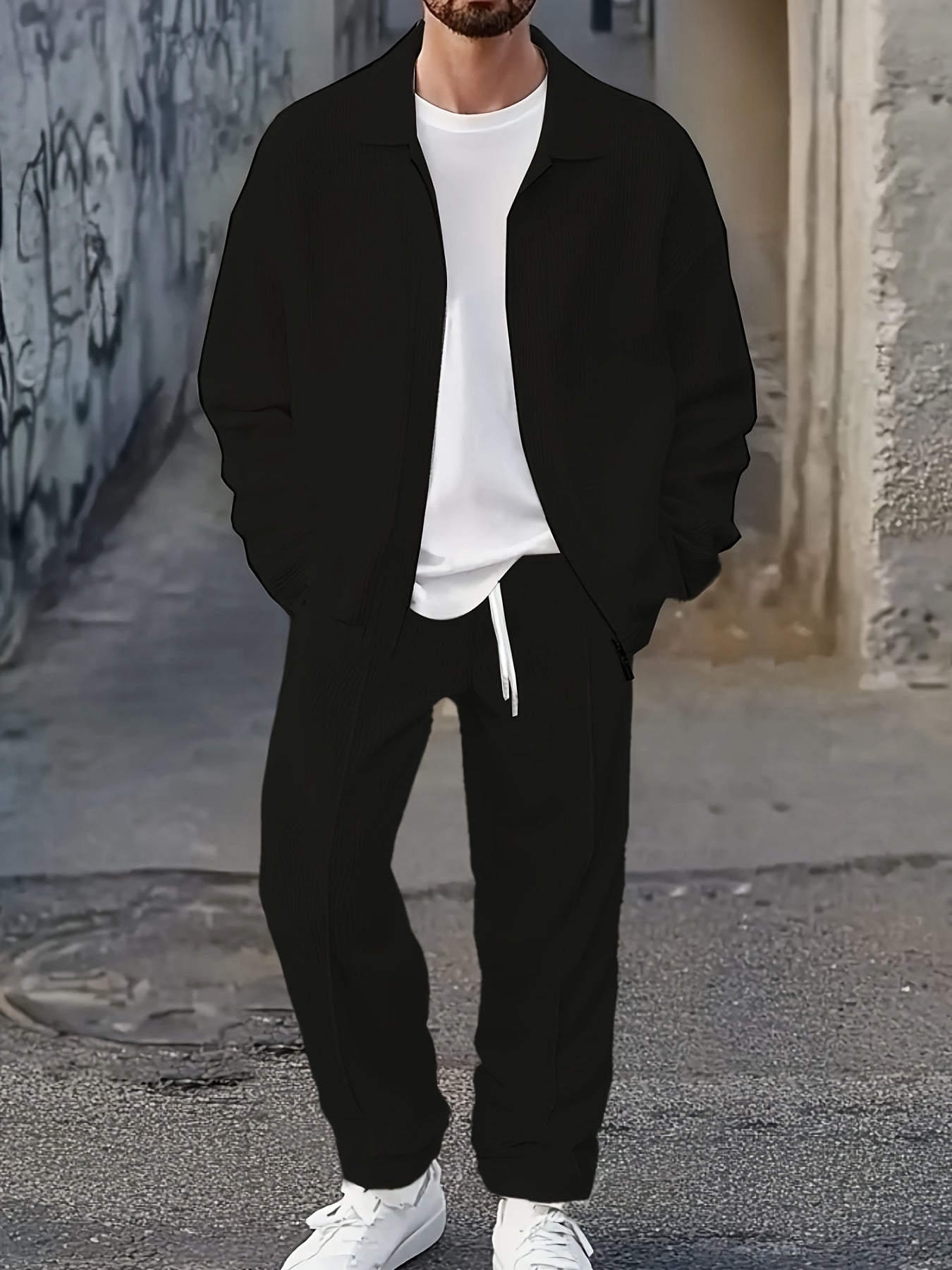 Men's Solid Color Long Sleeve Sports Suit with Zipper Jacket and Pants for Outdoor Activities