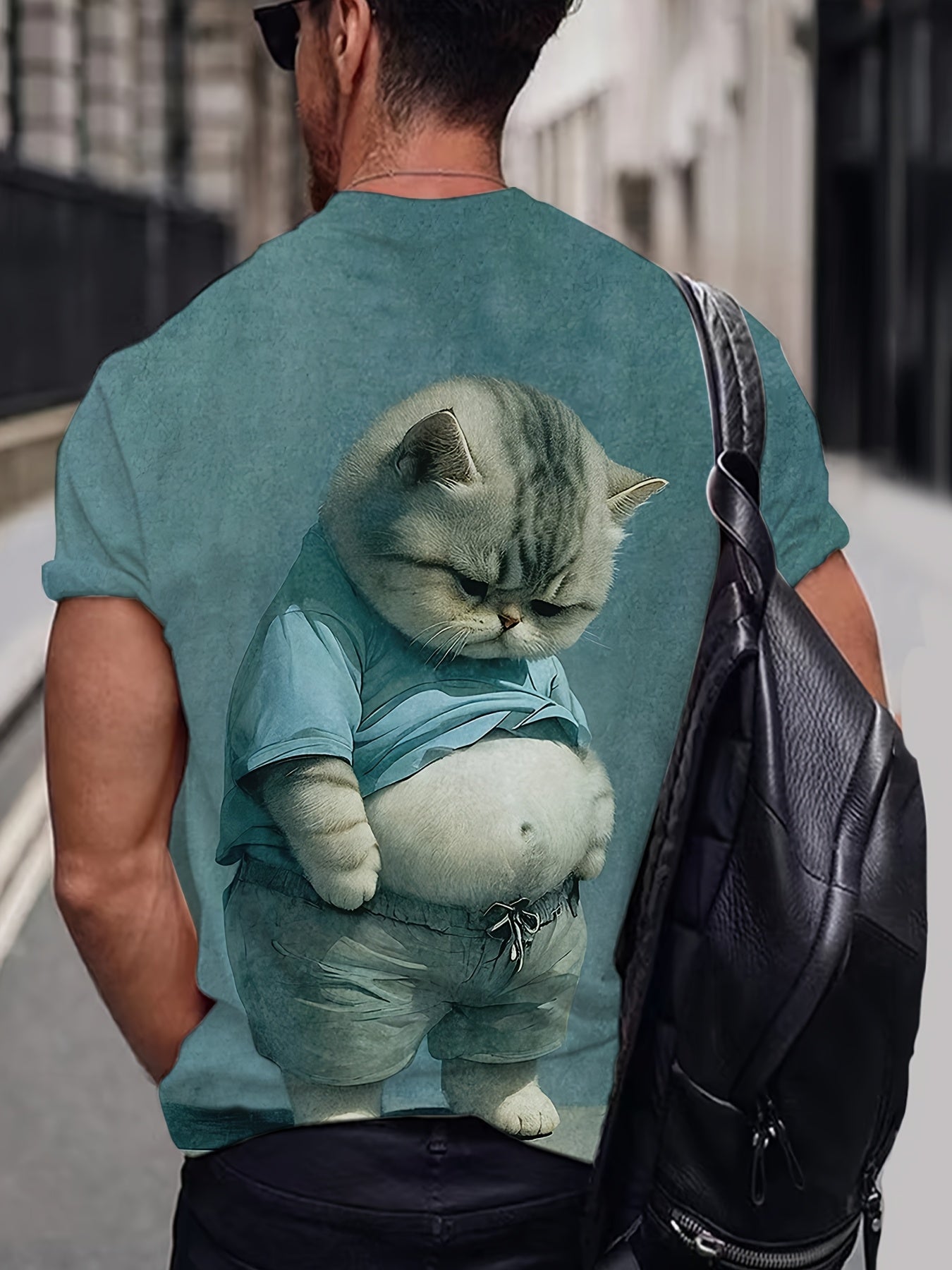 Men's Casual Round Neck T-Shirt with Chubby Cat Print, Short Sleeve, Polyester