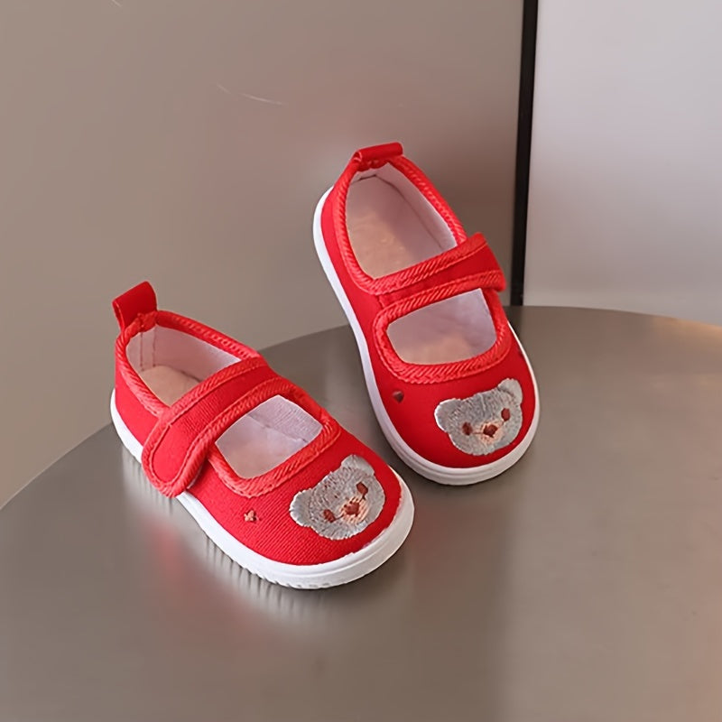 Zapatos de lona para niñas pequeñas y bebés, de caña baja, con bordado de dibujos animados, suela de PVC, fácil de poner y quitar, otoño y primavera