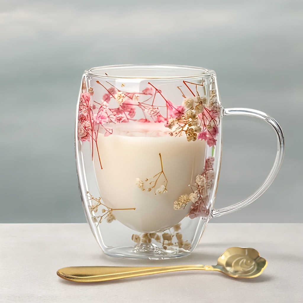 Set of 2 Floral Double Wall Glass Mugs 11.83 oz Hot Beverages Gift