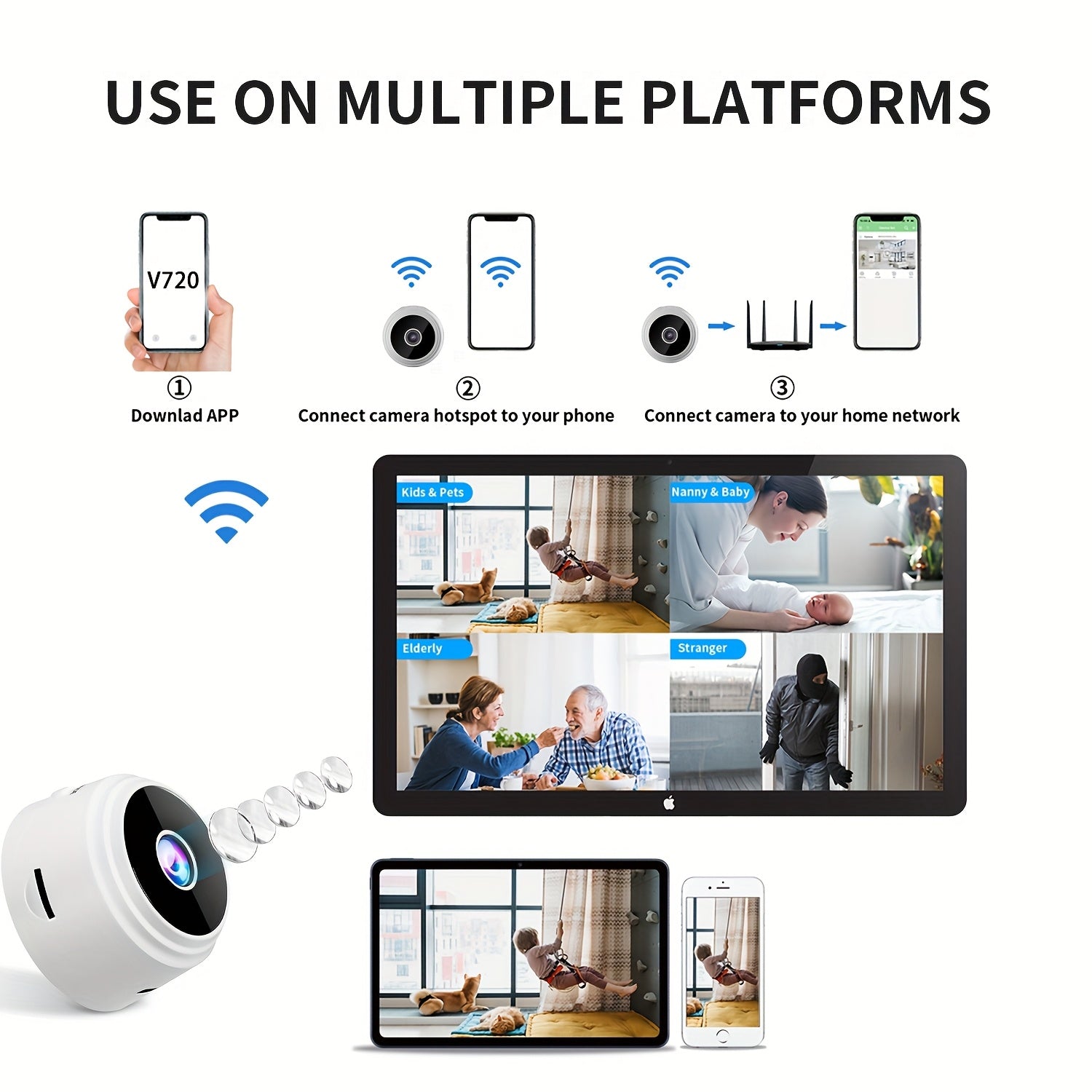 Mini WiFi Surveillance Camera 480p Motion Detection Battery USB Rechargeable Wide Range Security Black