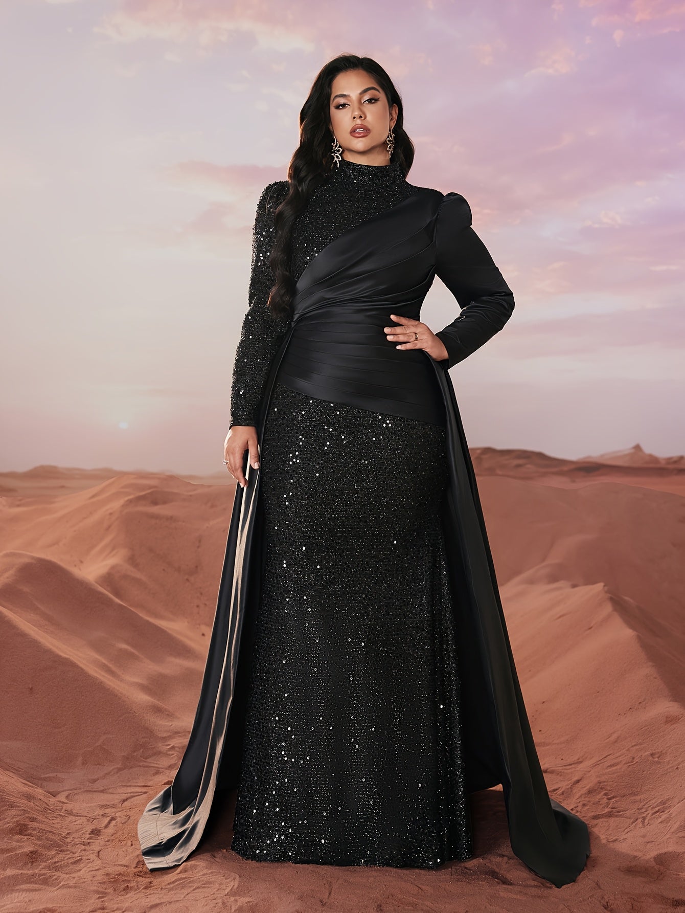 Plus Size Black Sequin Gown Satin Pleats Formal Dress for Weddings Prom