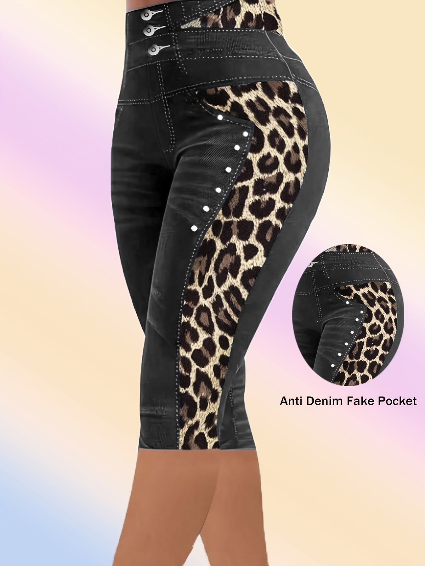 Leggings de mujer de talla grande con imitación de mezclilla de alta elasticidad y largo medio con estampado de leopardo