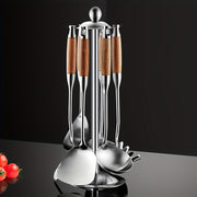 7-Piece Stainless Steel Kitchen Cookware Set with Wooden Handles and Stand