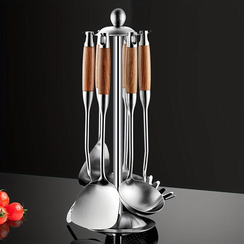 7-Piece Stainless Steel Kitchen Cookware Set with Wooden Handles and Stand