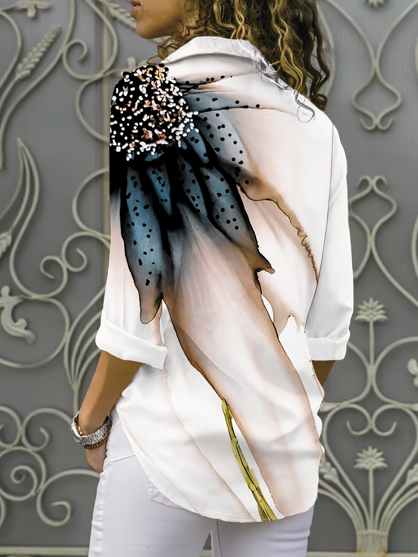 Plus Size Women's Floral Print Long Sleeve Blouse Casual All-Season Stretchy Fabric