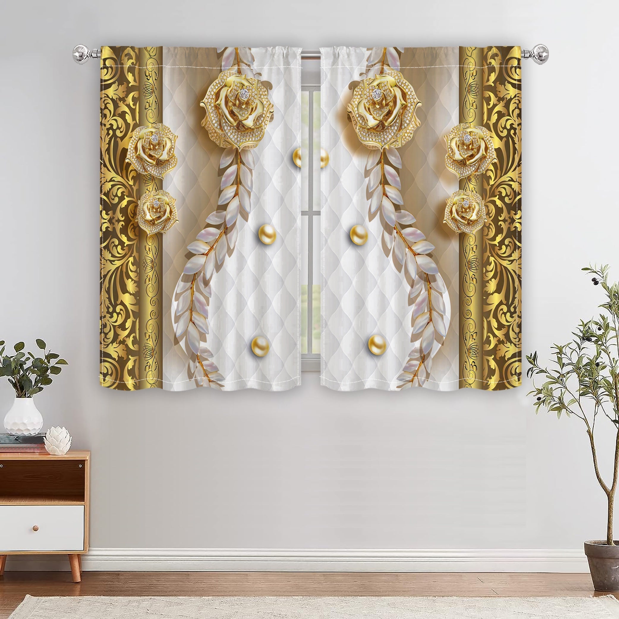 3D Golden Flower Semi Blackout Curtains Set for Bedroom Living Room Kitchen Office