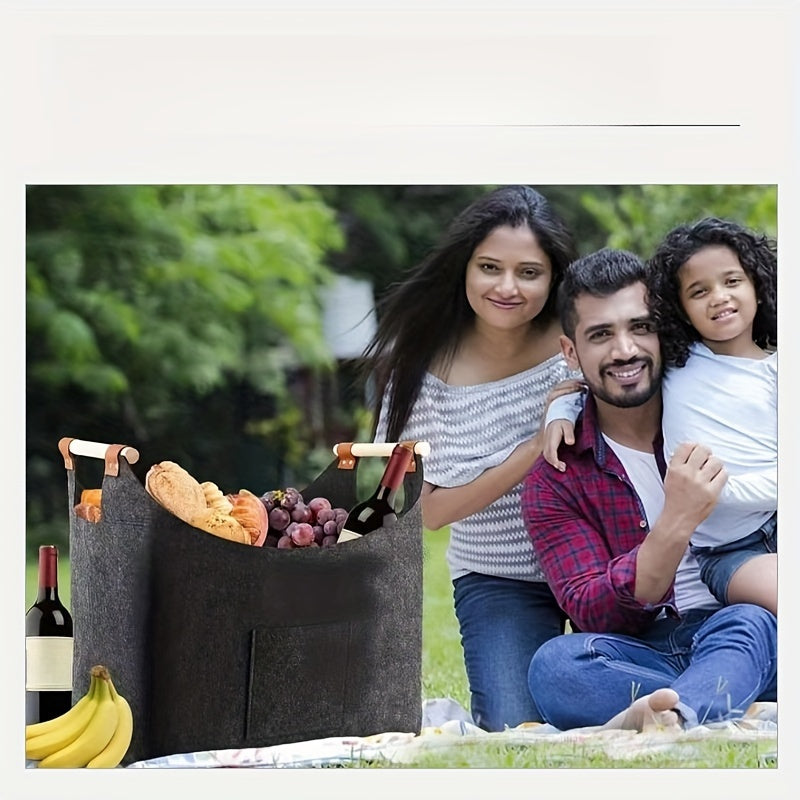 Large Felt Firewood Basket with Extendable Wooden Handle and Side Pocket