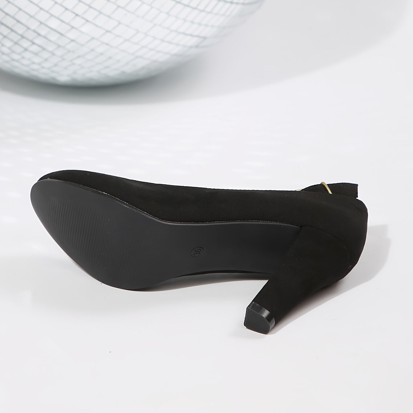 Women's Chunky Heel Pumps with Ankle Strap Black Red Non-Slip Sole