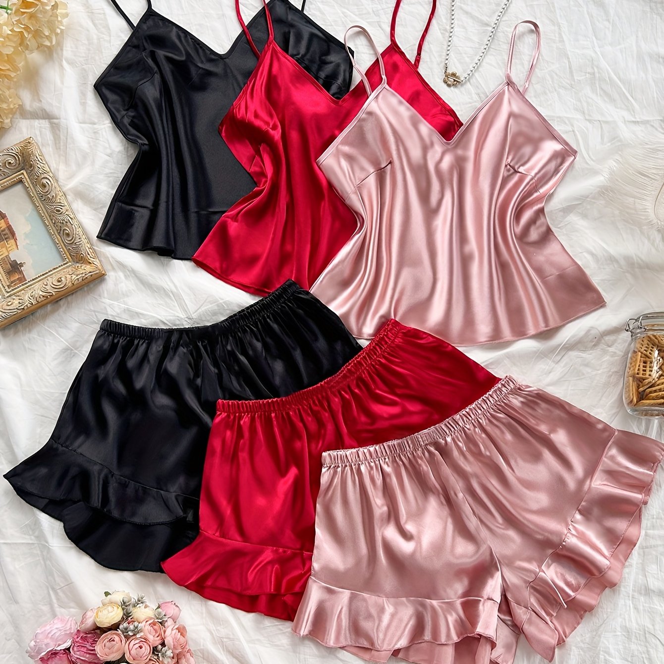 Plus Size Satin Camisole with Ruffled Shorts Sleepwear Set for Women