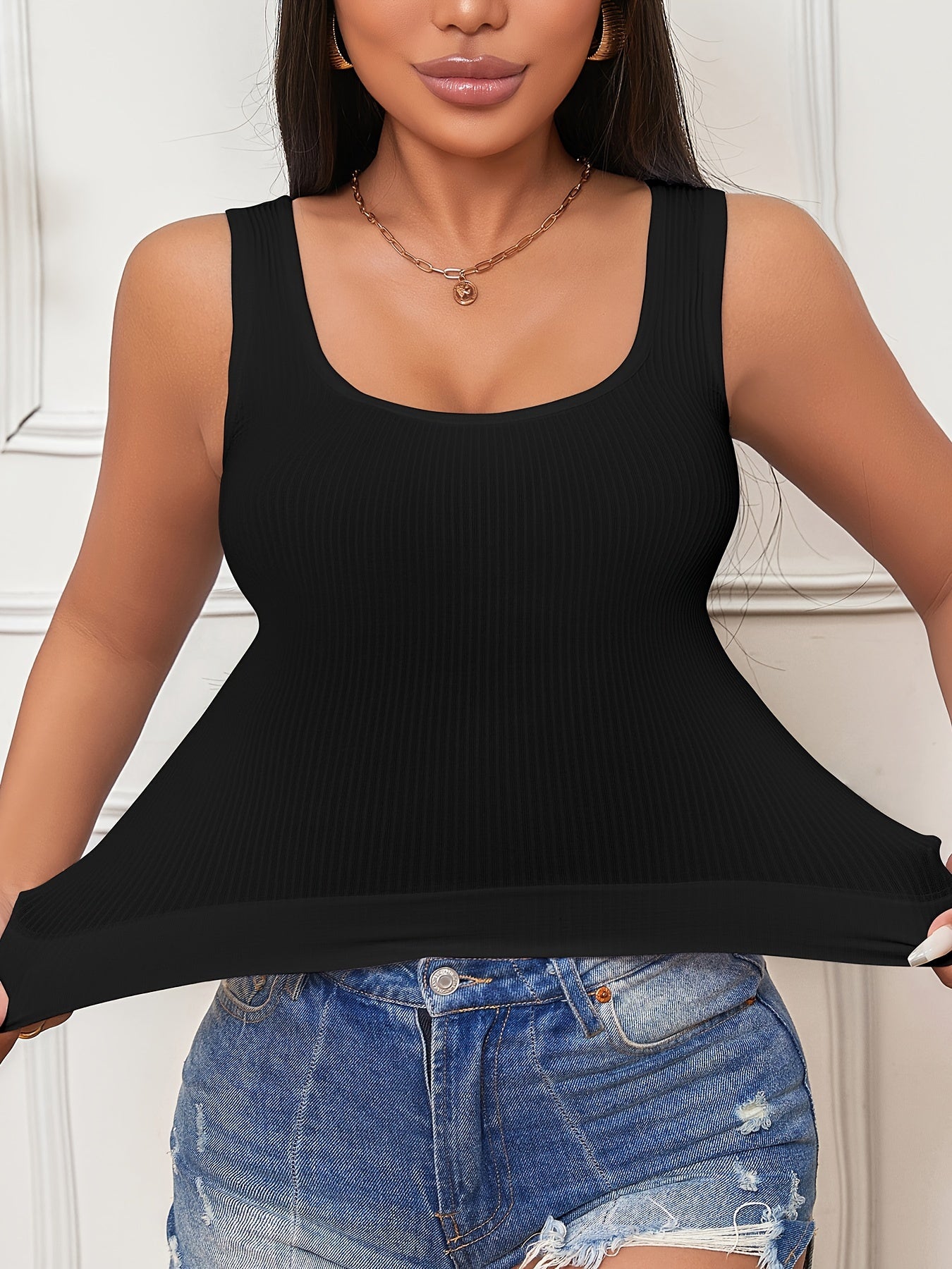 Women's Ribbed Tank Top with High Elasticity Solid Color Slim Fit Sleeveless Vest