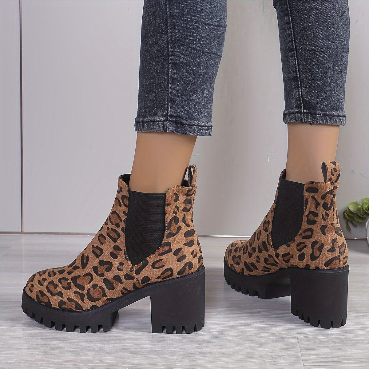 Women's Short Boots With Chunky Heel, Stretch Fabric, Comfortable Ankle Shoes
