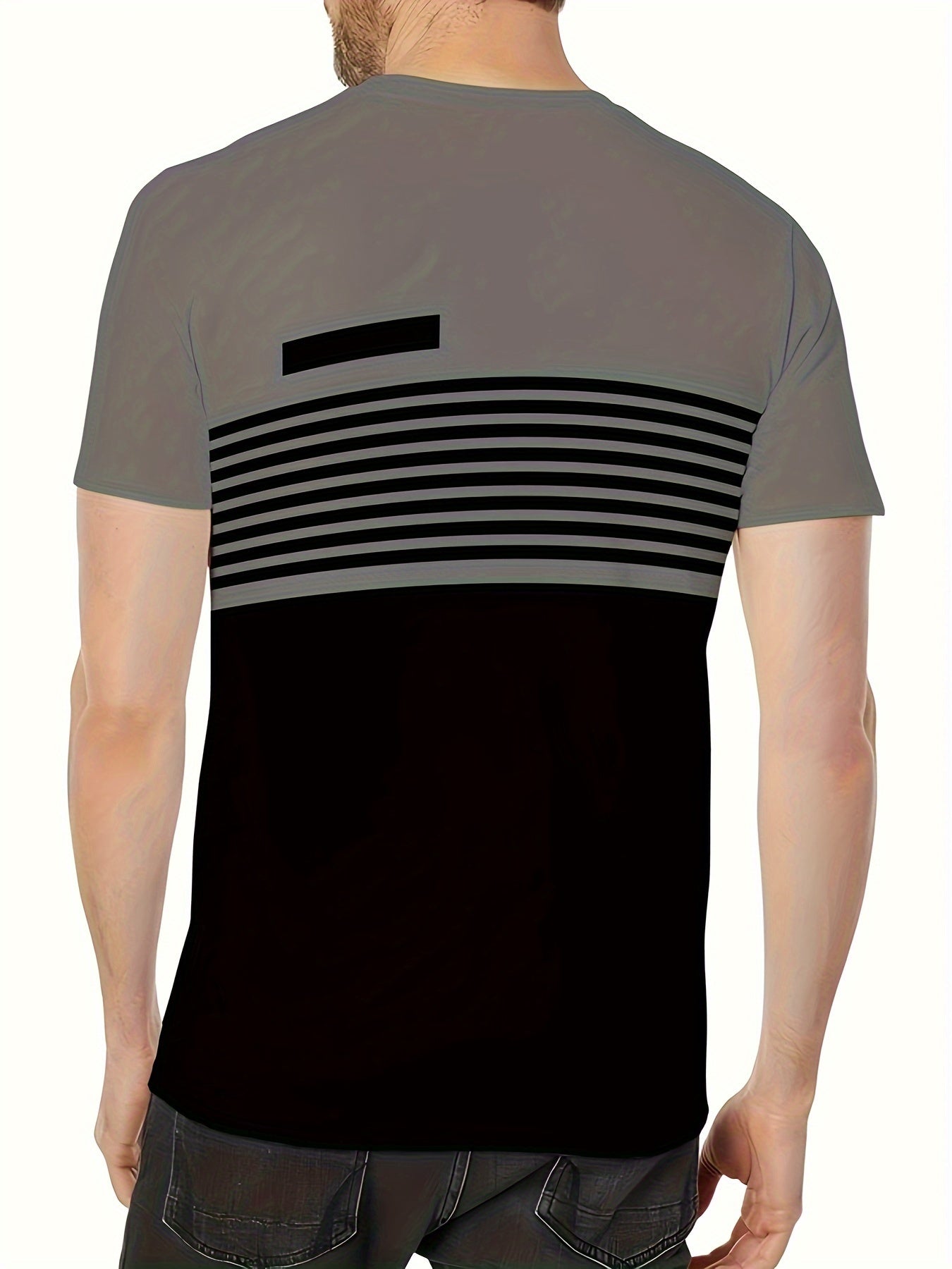 Erkaklar uchun tasodifiy krujka bo'yinli futbolka, 100% polyesterdan tayyorlangan, ozgina cho'ziladigan oddiy kesim, geometrik chiziqli naqsh bilan.