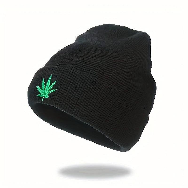 Embroidered Leaf Knit Hat Unisex Sports Cap for Men Women Teens