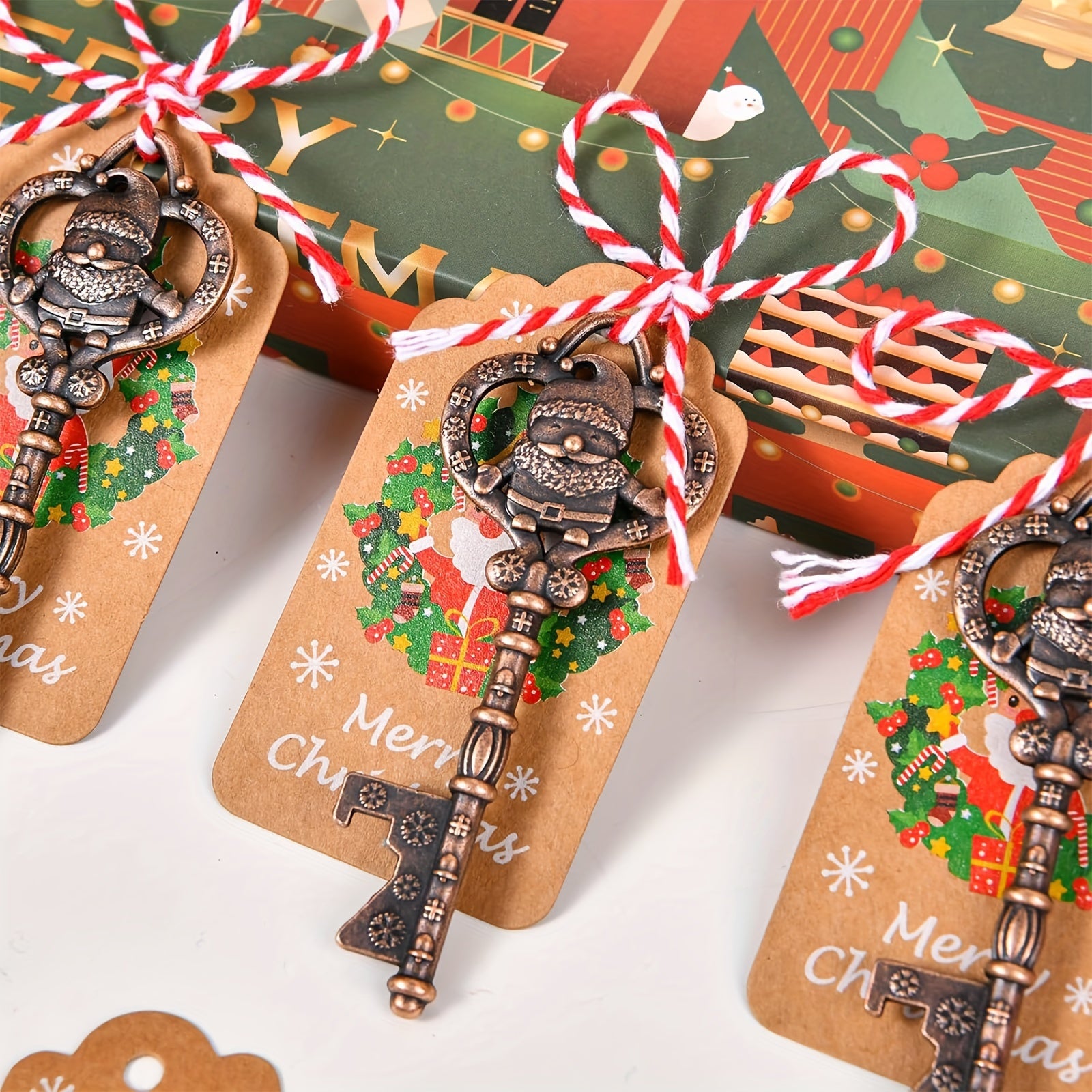 Santa Claus Bottle Openers Set for Christmas Party Favors with Cards and Ropes