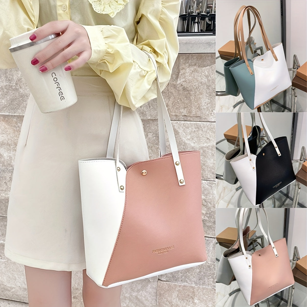 Women's PU Tote Bags Shoulder Shopping Handbags with Edge Paint in Multiple Colors