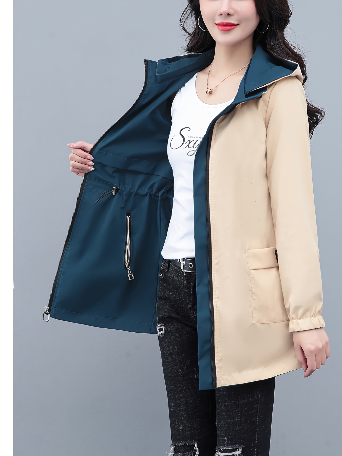 Women's Polyester Long Sleeve Hooded Windbreaker Jacket with Drawstring Waist for Spring and Fall