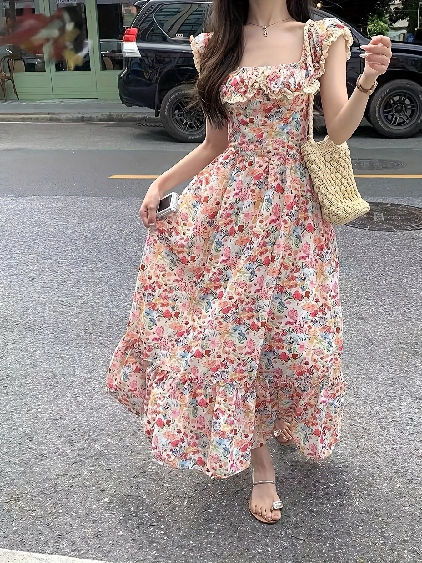 Women's Floral Print Maxi Dress with Ruched Sweetheart Neck A-Line Polyester Summer