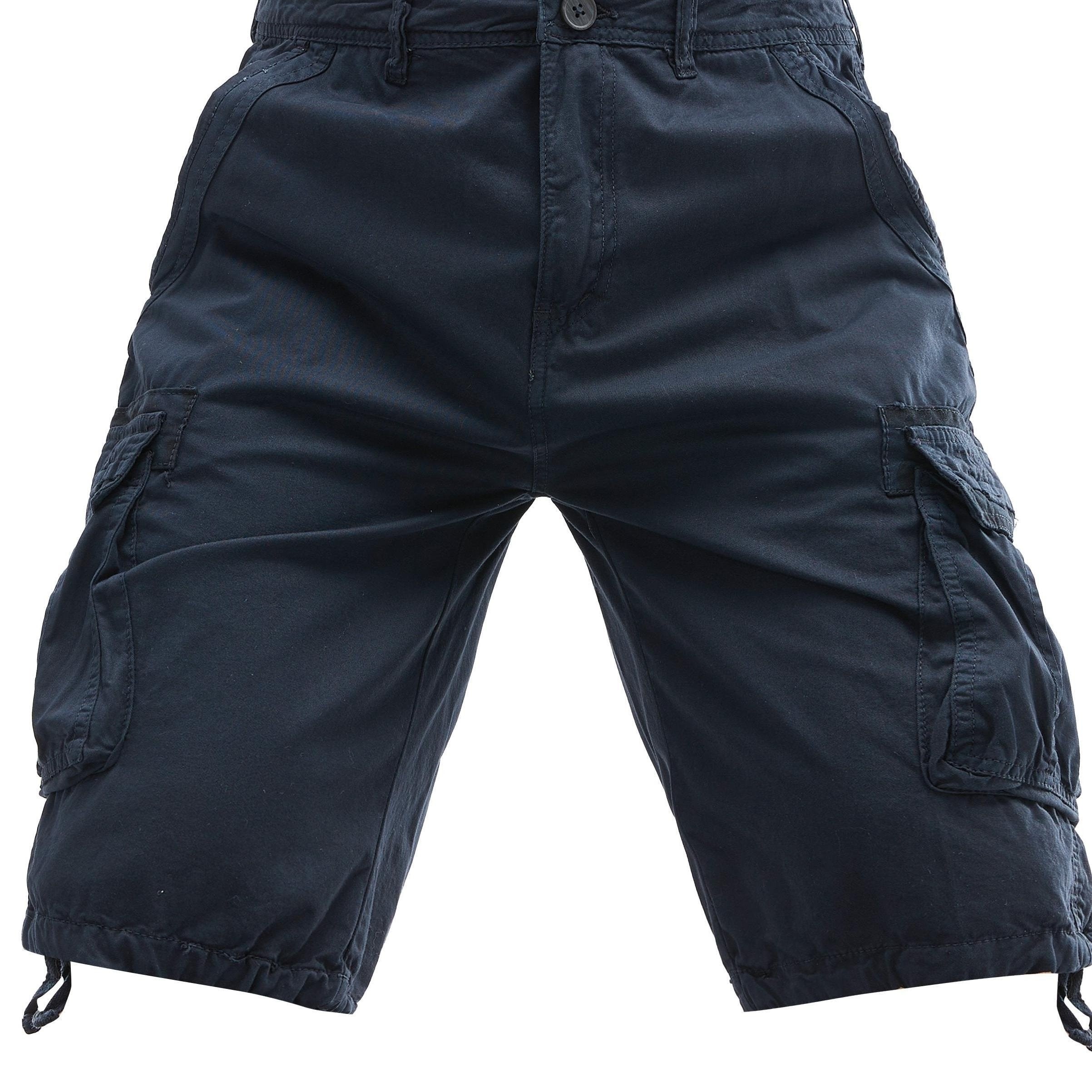 Erkaklar uchun katta o'lchamdagi paxta kargo shortlari, bir rangli ko'cha uslubida, bir nechta cho'ntaklar bilan va oddiy moslashuvda. Cho'zilmaydigan to'qilgan mato.