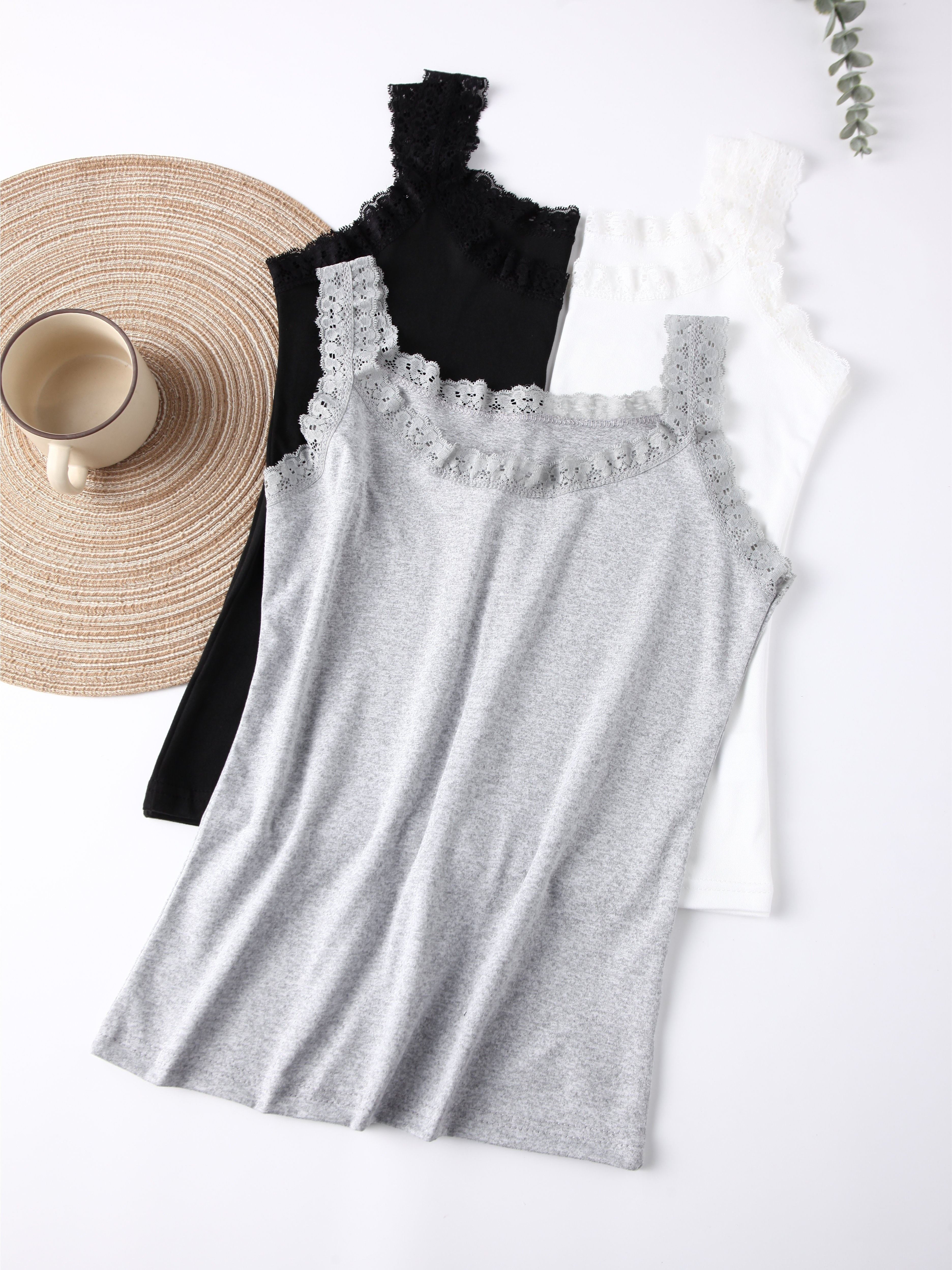 Women's Solid Color Lace Trim Tank Top Set 3 Pieces Underwear Lingerie