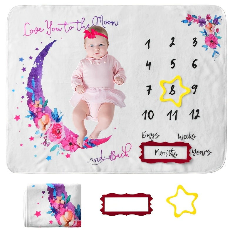 Baby Milestone Blanket Flannel Moon Print for Monthly Photography Growth