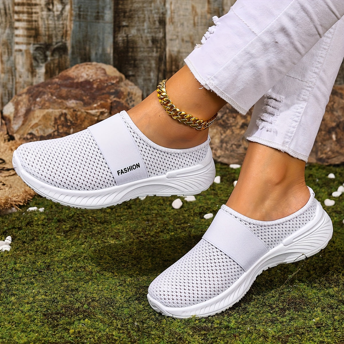 Women's White Slip-On Casual Sneakers Breathable Fabric Lightweight PVC