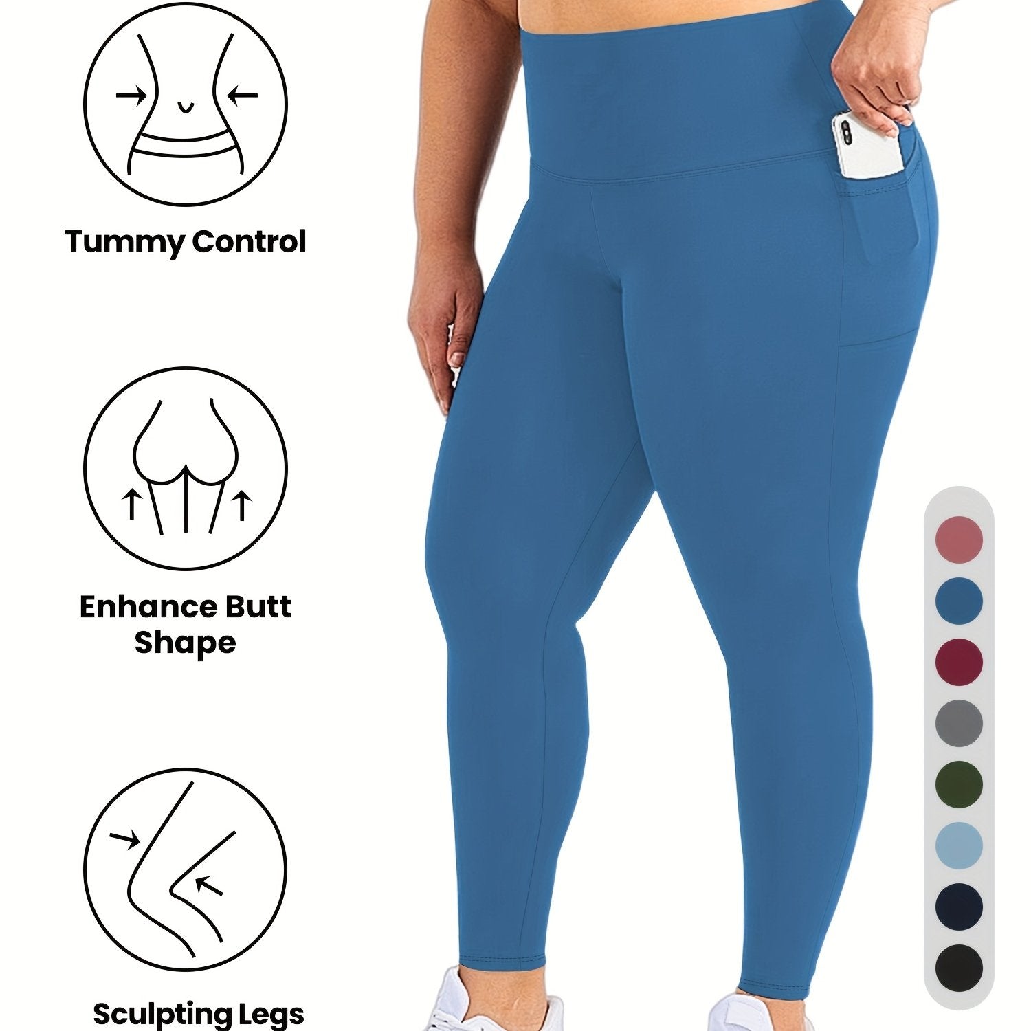 Plus Size Women's High-Waist 9/3 Length Leggings with Pockets Casual Stretchy