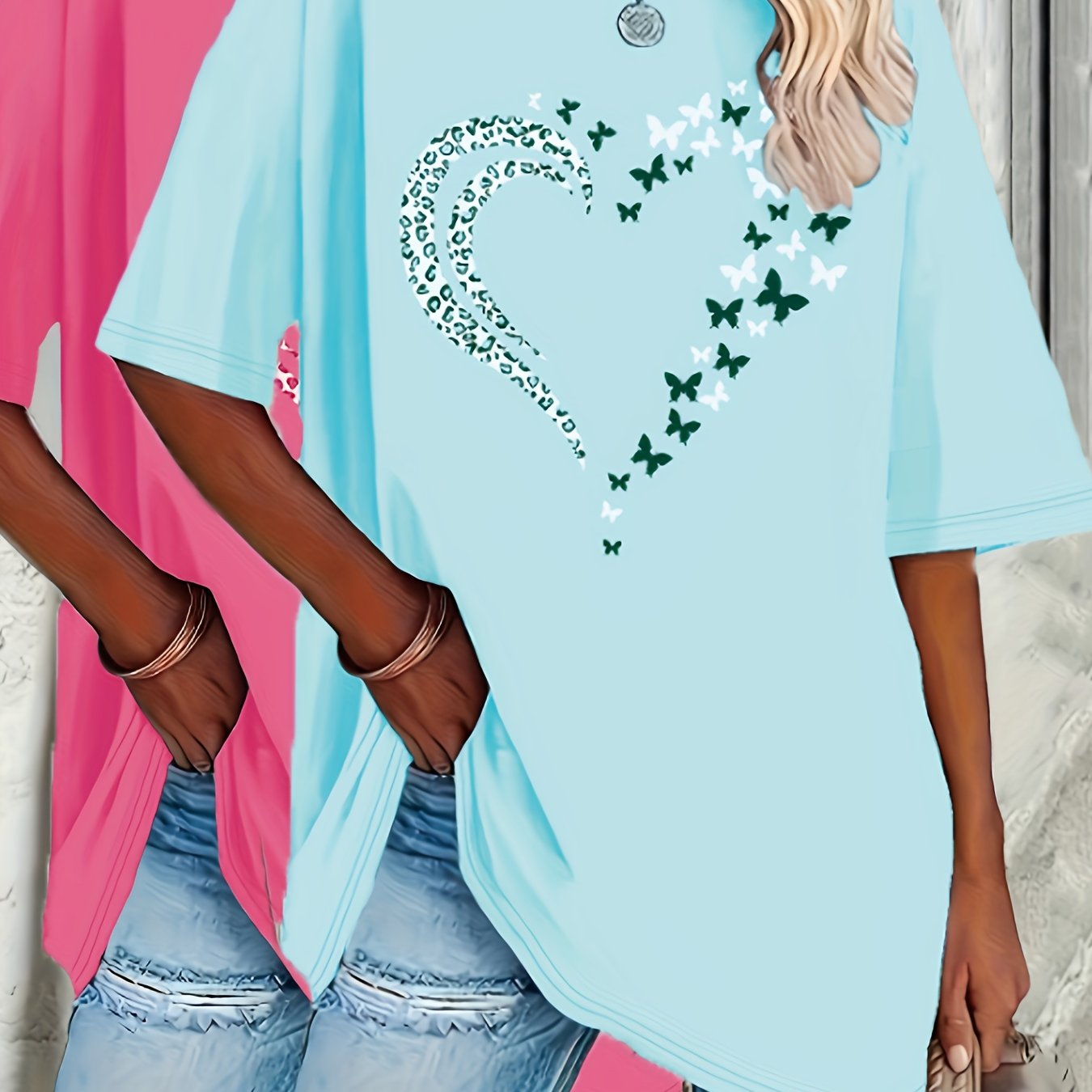 Women's Oversized Short Sleeve T-Shirts Set Heart Print Spring Summer Loose Fit