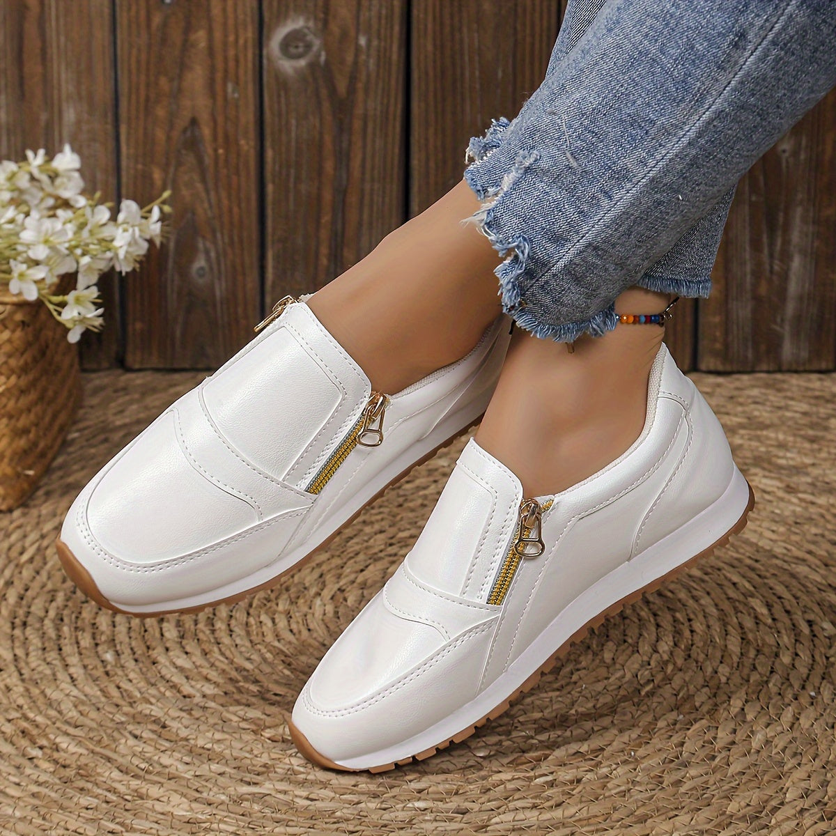 Women's White Slip-On Sneakers with Zipper, Breathable Low-Top Casual