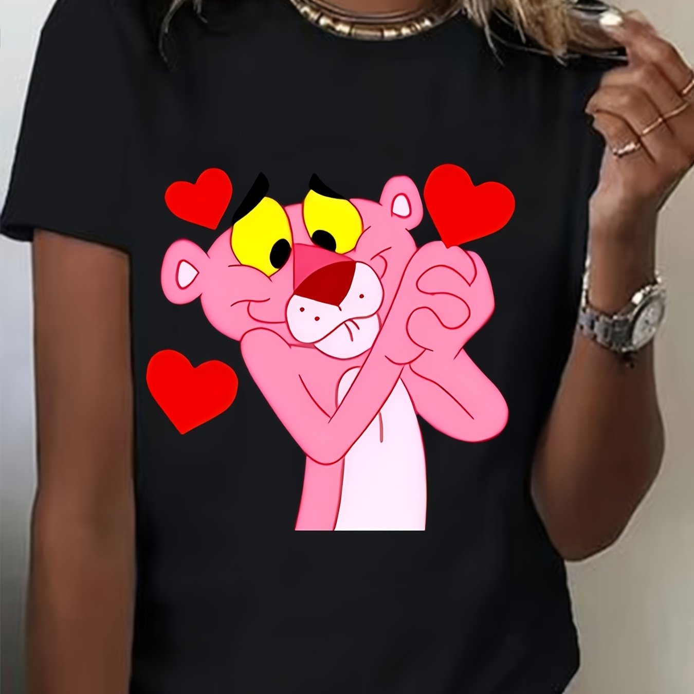 Plus Size Women’s Black Short Sleeve T-Shirt with Pink Panther Print