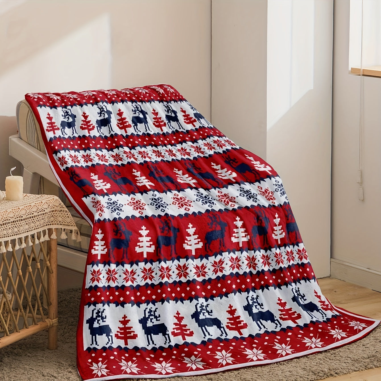 Digital Printed Flannel Fleece Throw Blanket Reindeer Wildlife Reversible for Sofa Bed