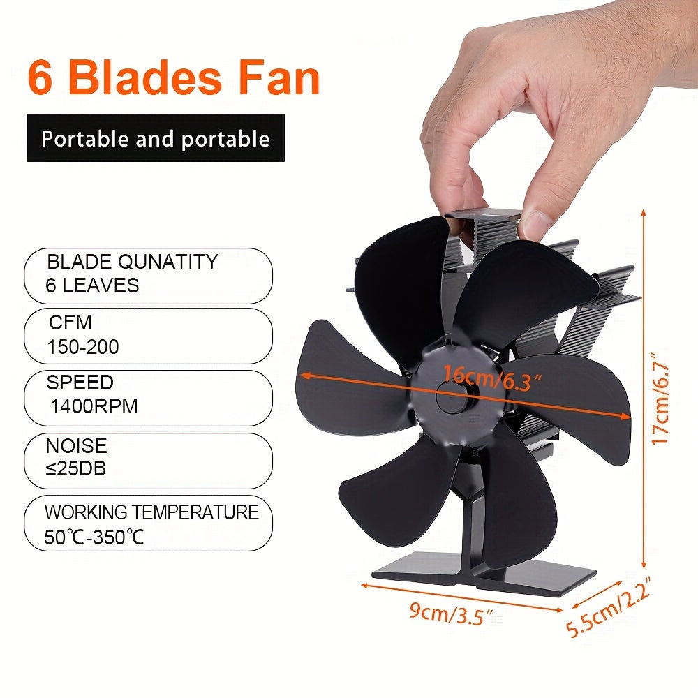 Black 6 Blade Fireplace Fan for Log Burner, Eco-Friendly, Quiet Heat Distribution