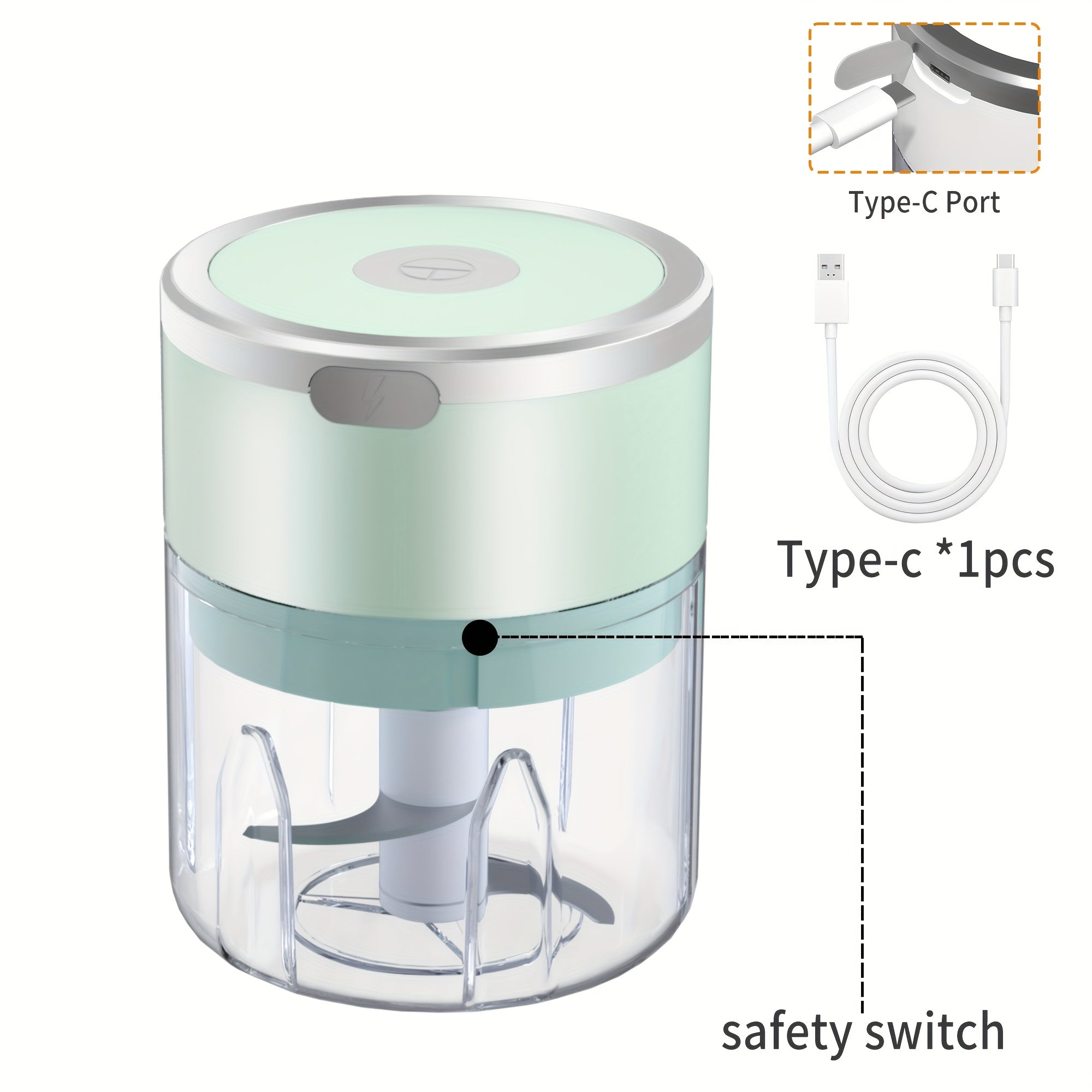 Stainless Steel Blade bilan USB qayta zaryadlanadigan Mini Ovqatni tayyorlash qurilmasi, simsiz oshxona blenderi, 1200RPM, tezlikni boshqarish, oson tozalash, 8.45oz sig‘imi, Litiy batareya, Plastmassa PP material