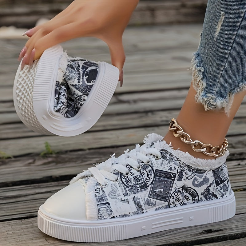 Women's Color-Block Letter Print Low-Top Sneakers Fabric Upper Durable Sole