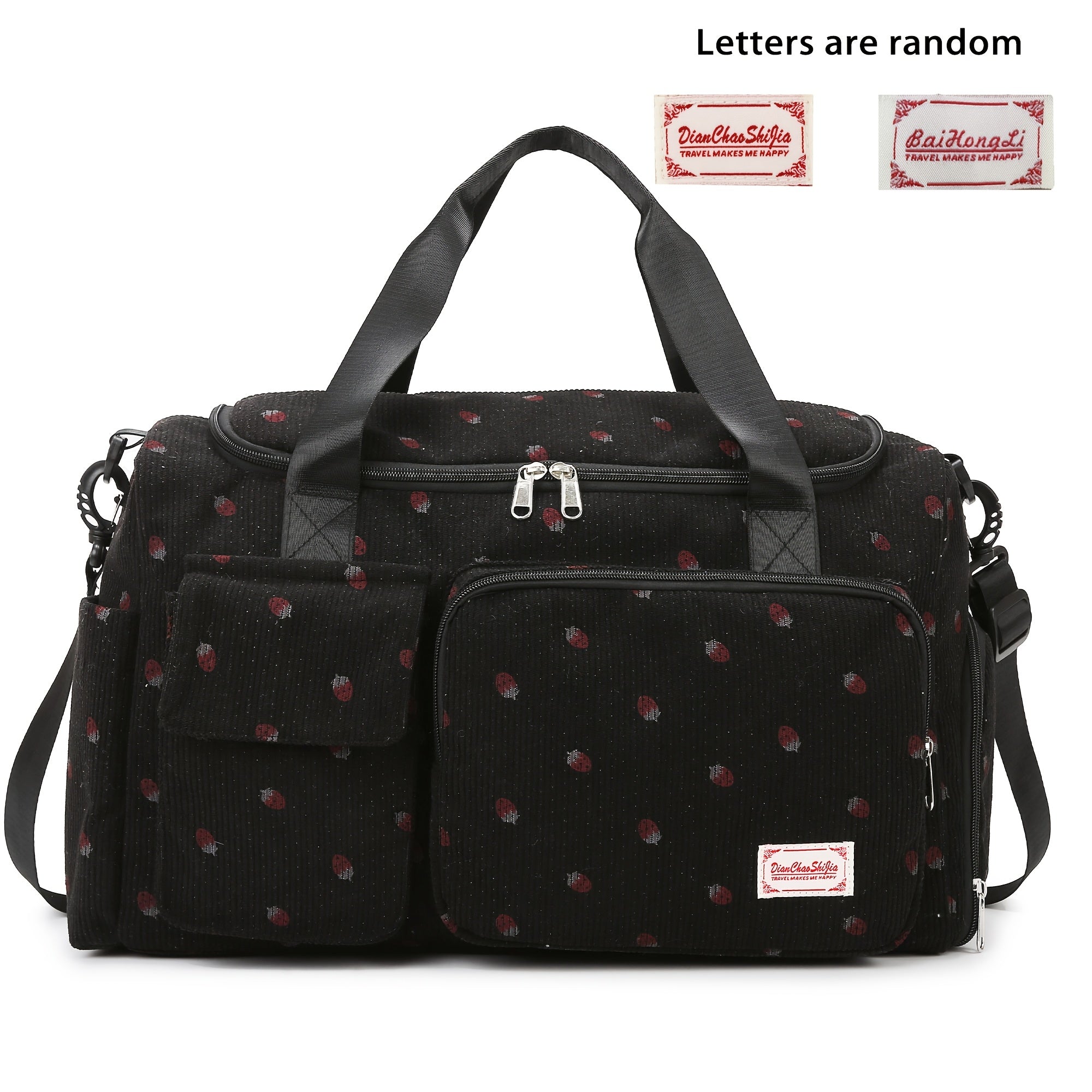 Corduroy Travel Bag with Strawberry Print Wet and Dry Separation Shoe Compartment for Vacation Gym and School