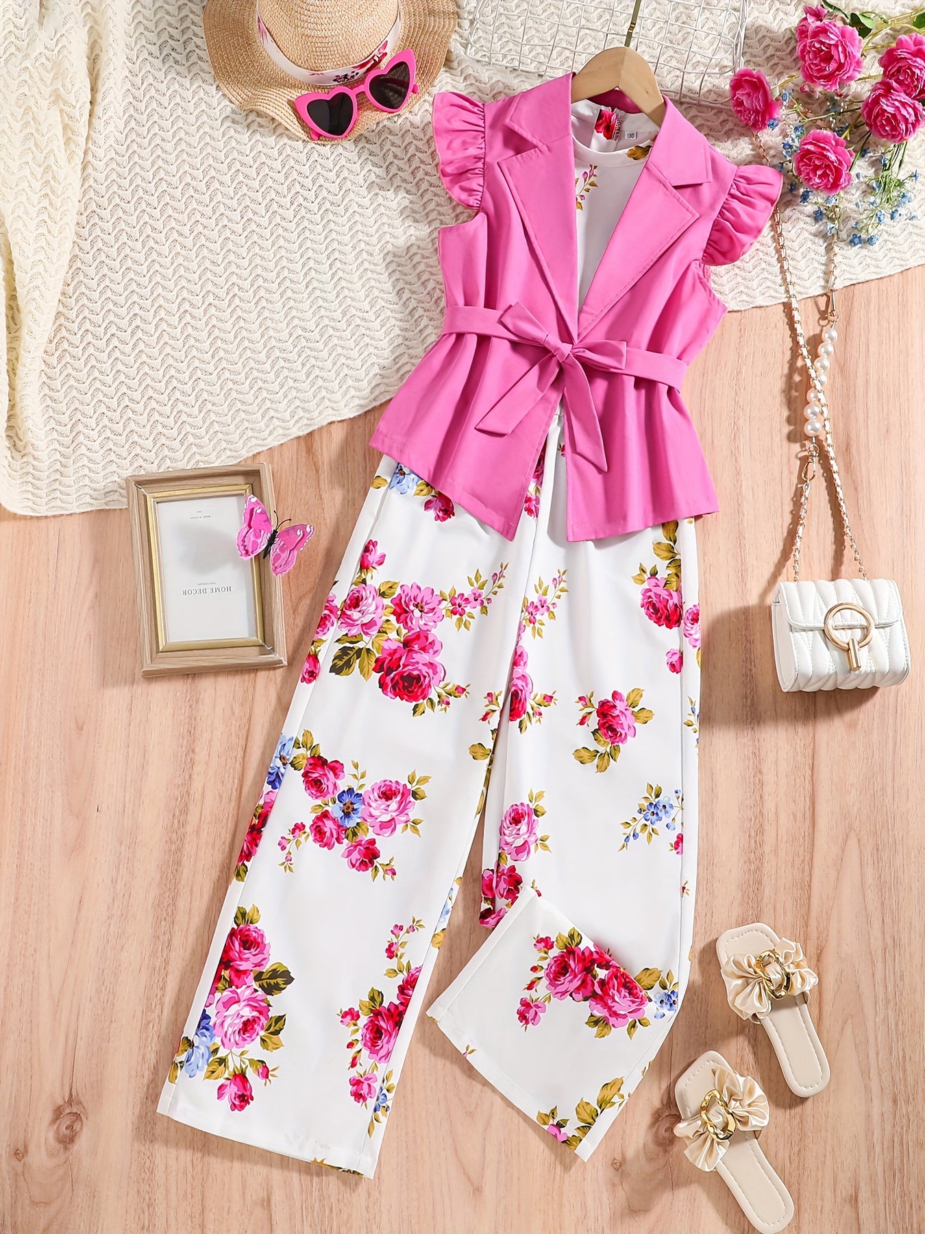 Girls Spring Summer Floral Set with Sleeves, Turn-Up Collar, Belt and Suspender Leggings