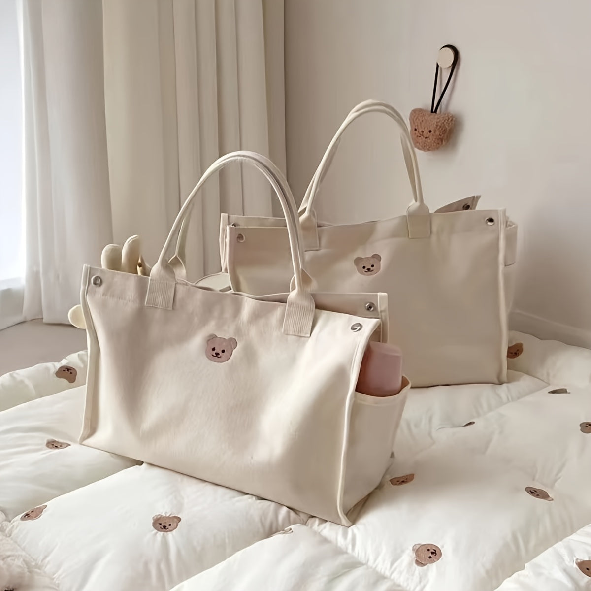 White Bear-Themed Polyester Tote Bag for Diapers and Daily Essentials
