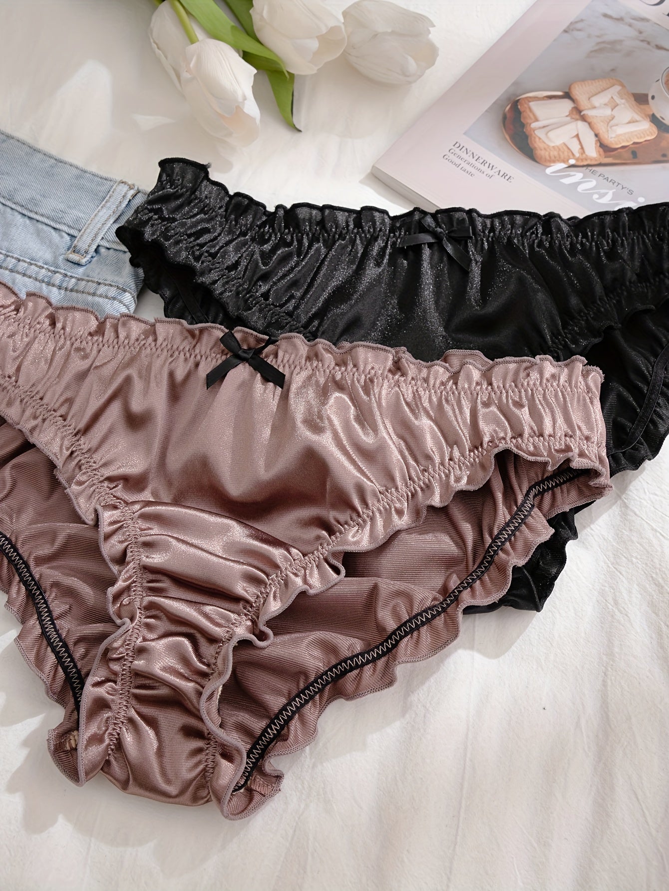 Women's Satin Bow Low Waist Briefs 5 Pack Soft Stretchy Lingerie